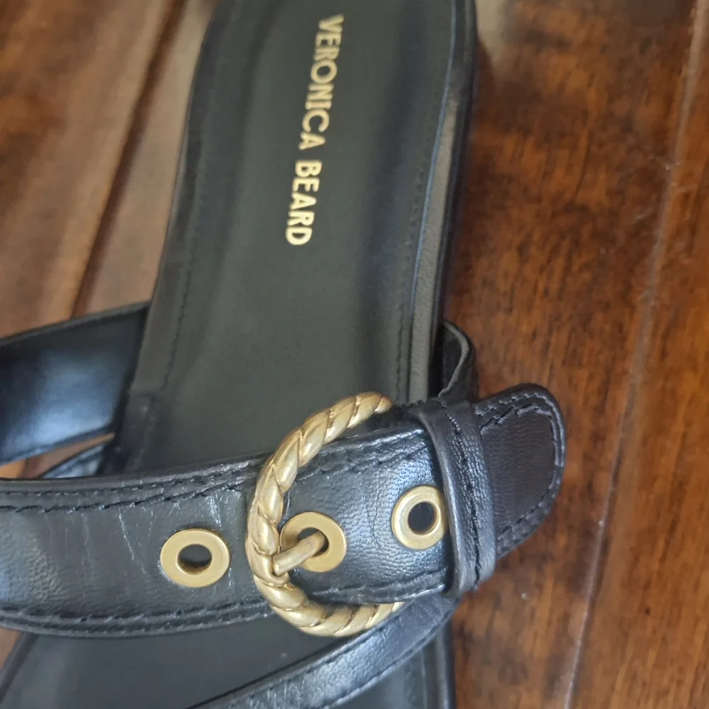 VERONICA BEARD Black Leather Slide Sandals with Gold Tone Buckle - Size 8.5 - Picture 4 of 9